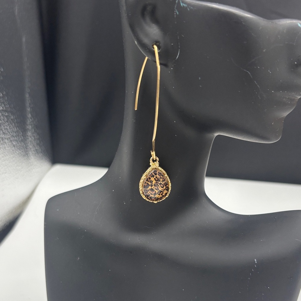 Gold Teardrop Leopard Accent Dangle Earrings